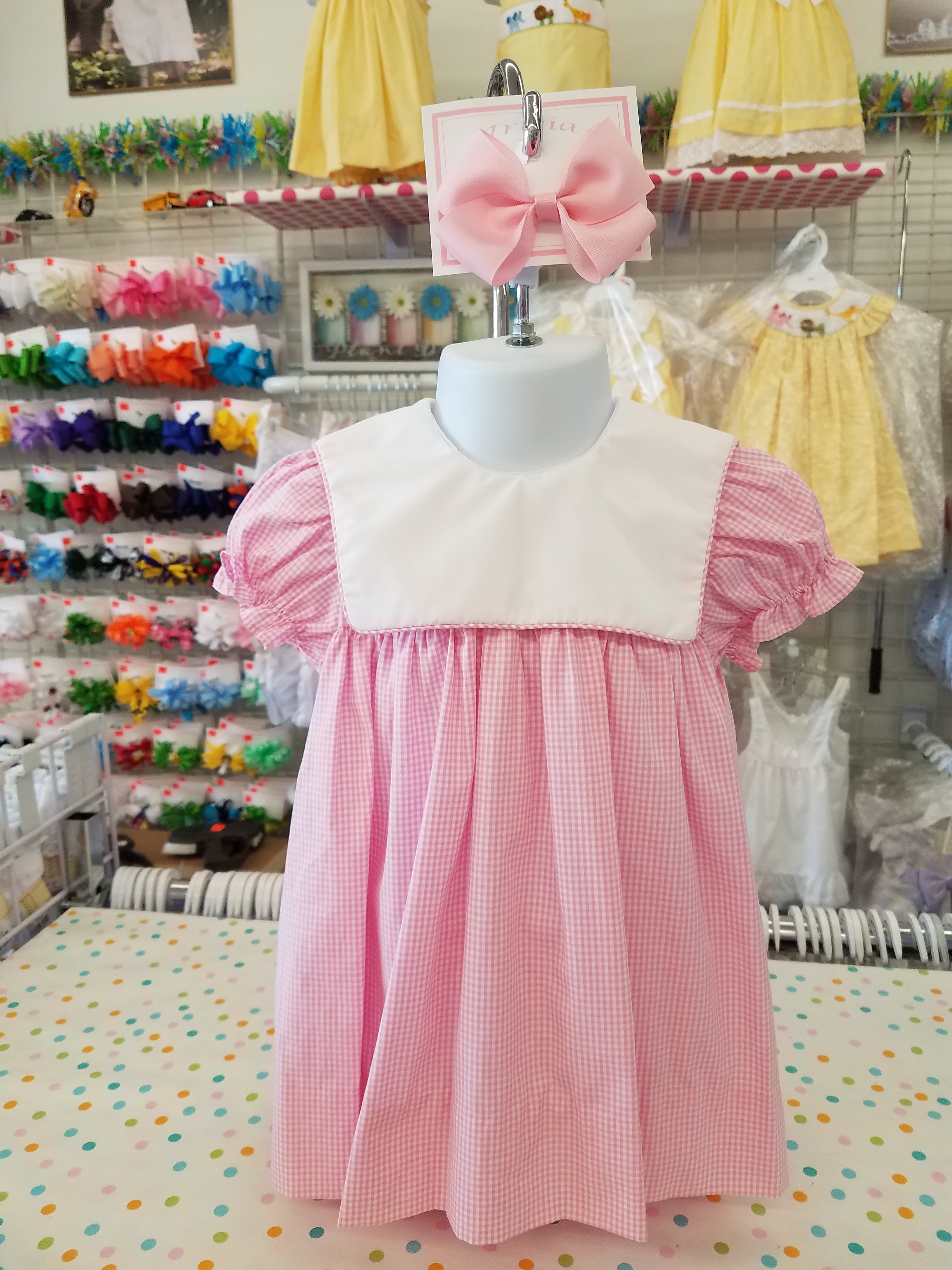 Girls Pink Gingham Monogram Dress